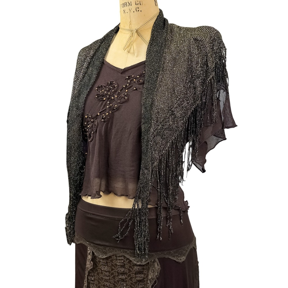 90s Whimsigoth Crochet Fringe Scarf Shawl Triangle Metallic Knit Fairy Grunge